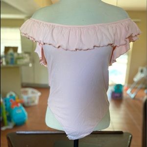 Beautiful Pink off the shoulder bodysuit with ruffle neckline M